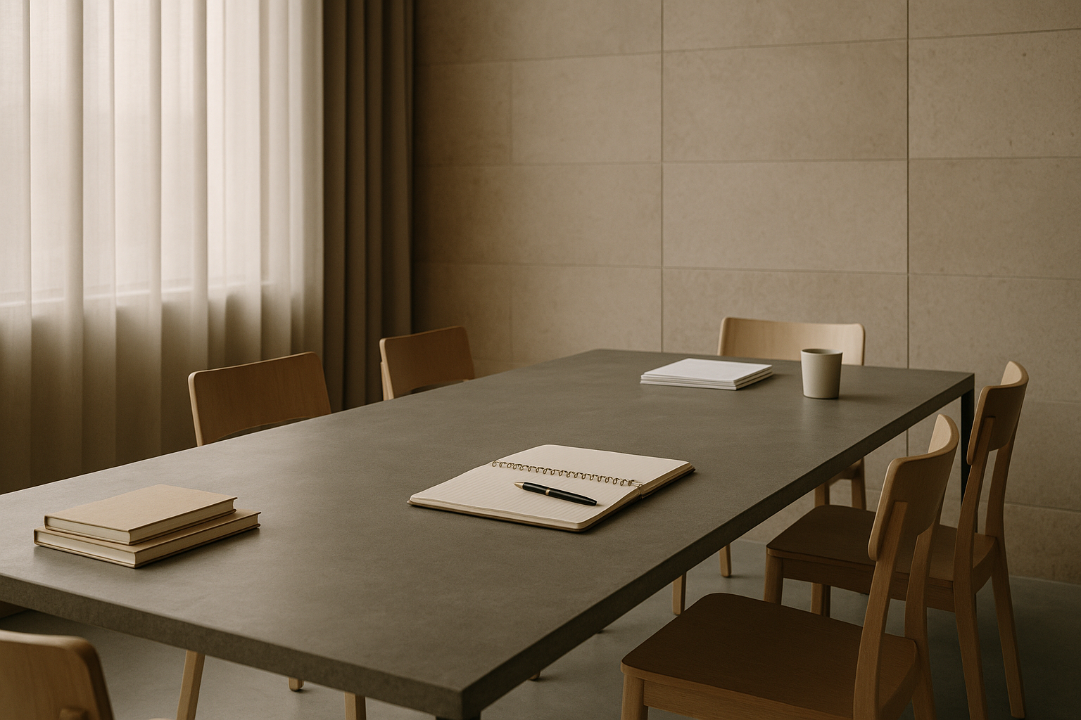 Organized workspace representing controlled meeting documentation